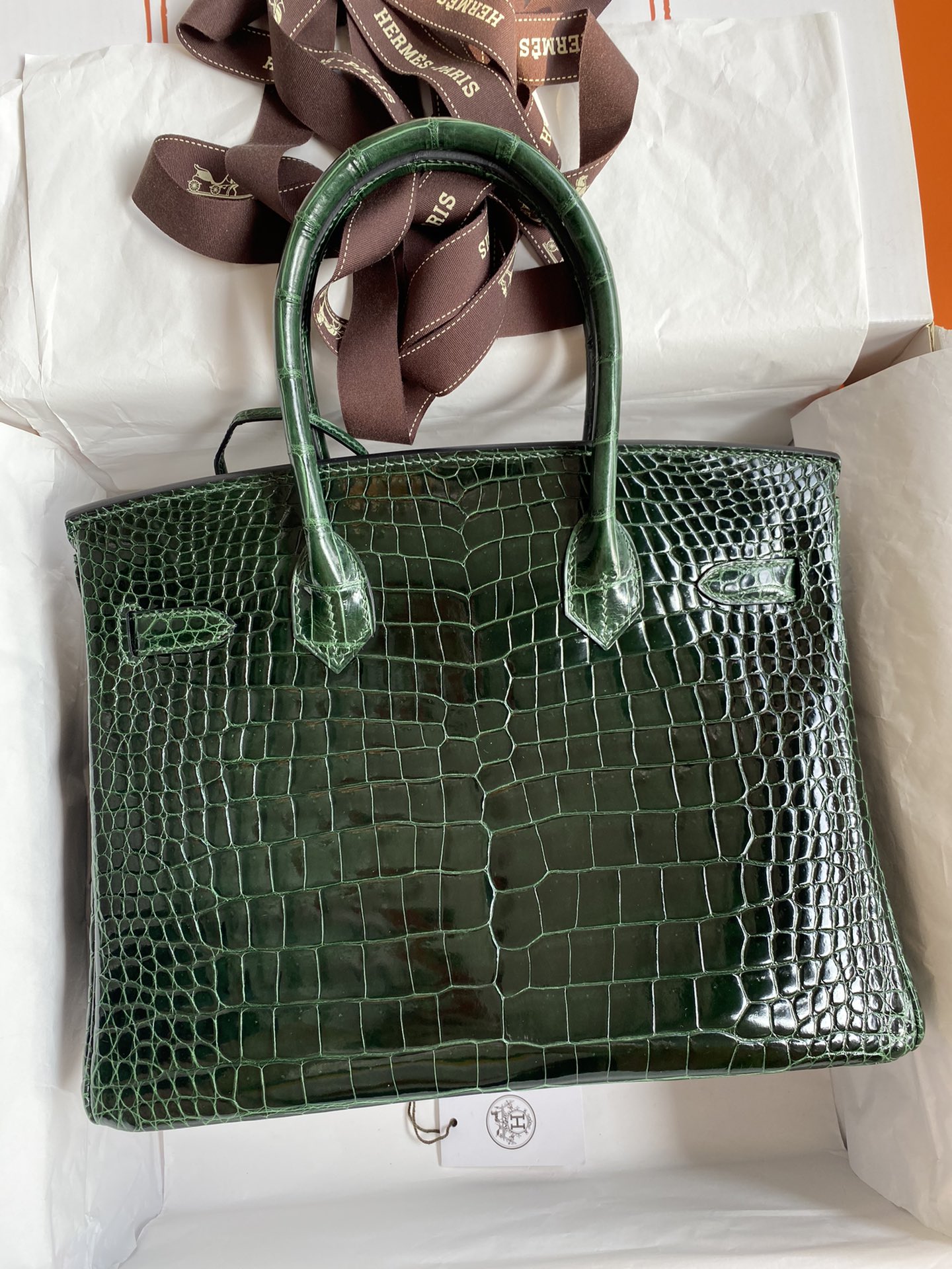 Hermes Birkin 30CM Handmade Bag In Green Crocodile Porosus Shiny Skin